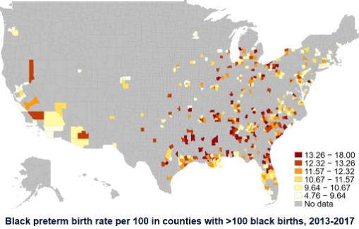 Map of United States with different colored boxes depicting black preterm birth rates per 100 in countries with more than 100 black births from 2013 to 2017.