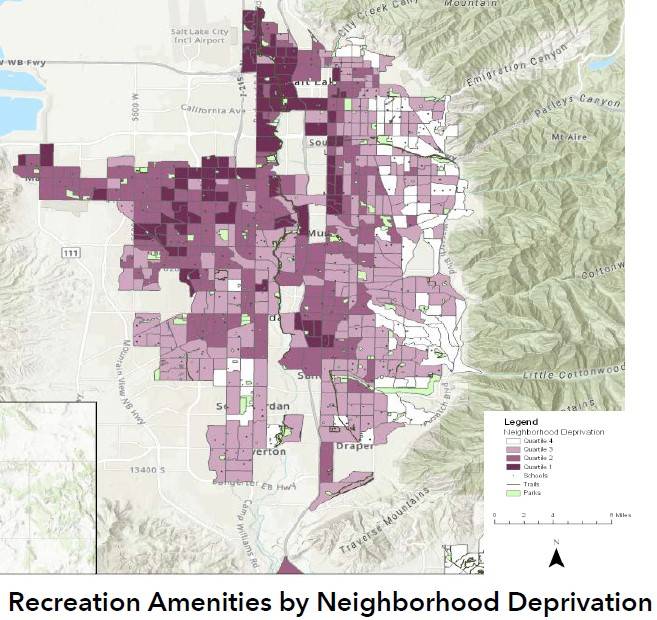 Recreation amenities by Neighborhood depivation in Salt Lake City and the surrounding cities. 