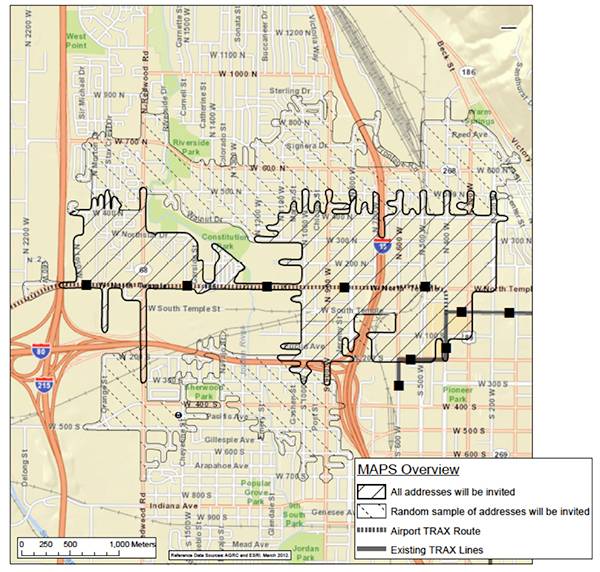 Geographical Map of Salt Lake City with TRAX lines, areas where all addresses will be invited and areas where random addresses will be invited